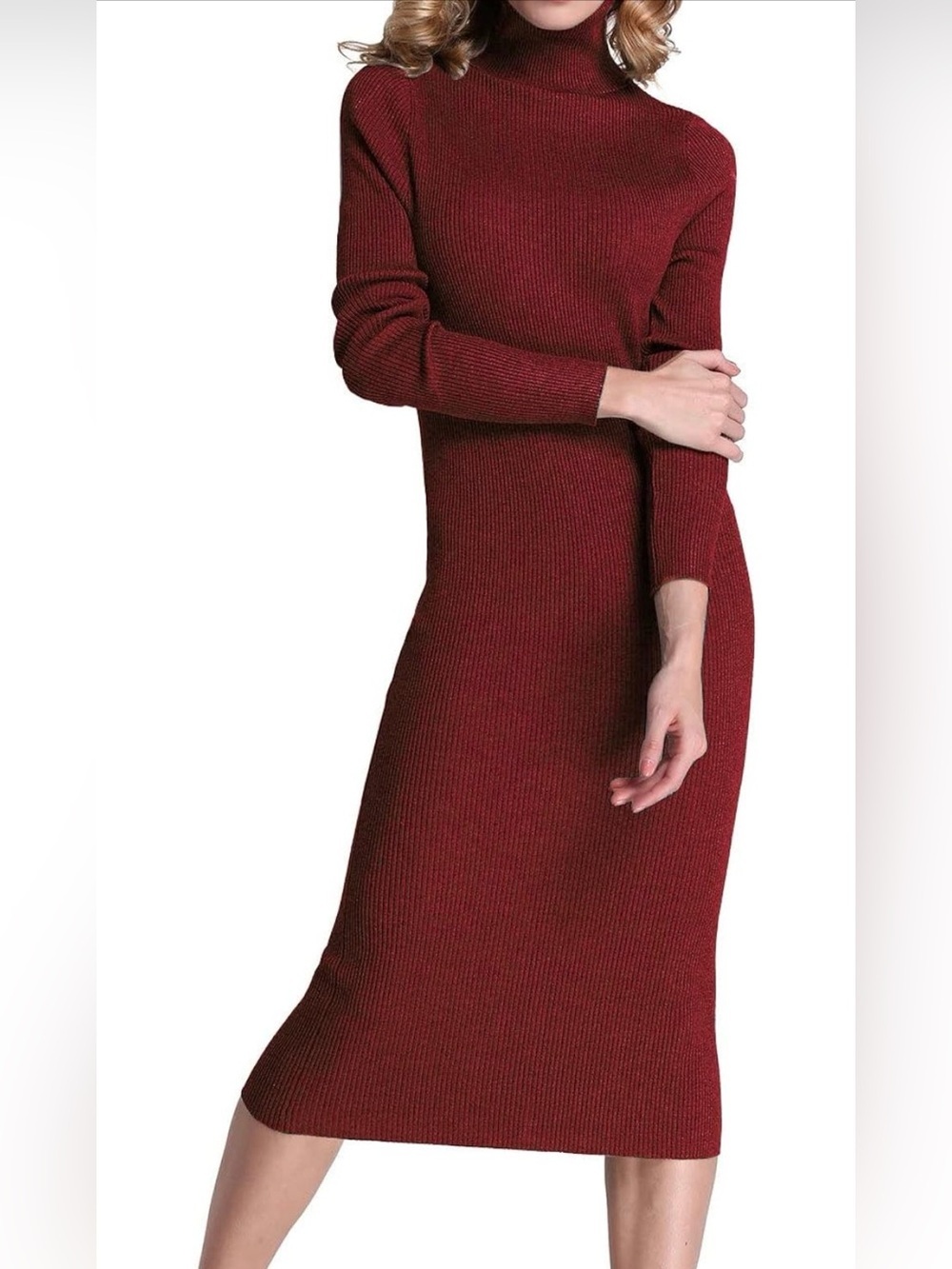 Rocorose Ribbed Turtleneck Midi Knit Long Sleeves Sweater Dress - Wine Red